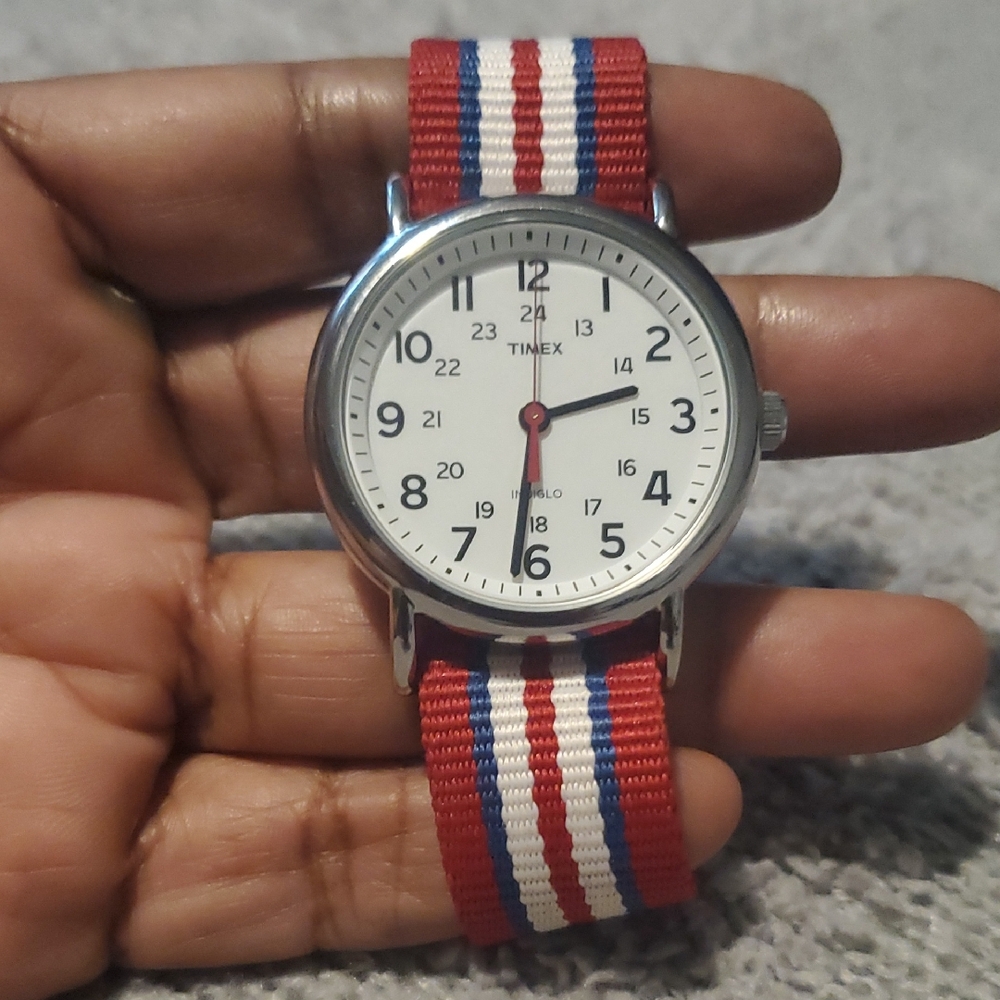 Timex Silver Watch with Red and Blue Band (Unisex) Rare Vintage